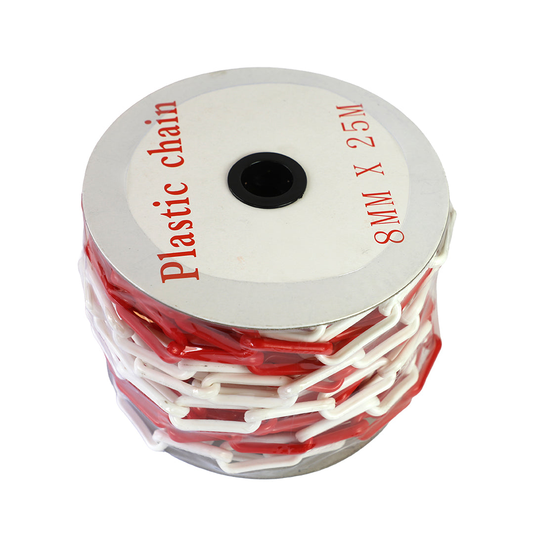 CADENA PLASTICA ROJO-BLANCA CERRADO (ROLLO DE 25 MTS)