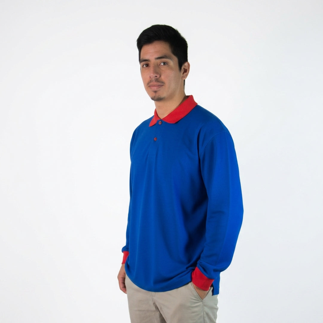 POLERON PIQUE AZUL REY CUELLO ROJO